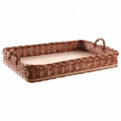 Buff Wicker Servicebricka med träbakgrund | Stort hantverksrektangulärt bricka med handtag