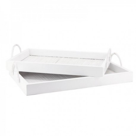 White lacquered wooden and bamboo trays Set of 2