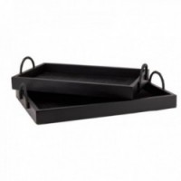 Black lacquered wooden and bamboo trays Set of 2