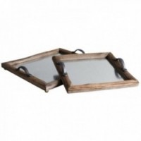 Square wood and zinc trays Set of 2