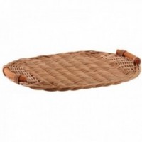 Oval tray display presentation in tinted rattan wooden handles