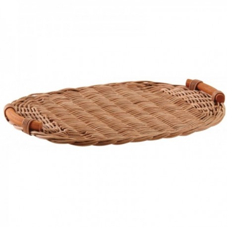 Stained rattan tray with wooden handles