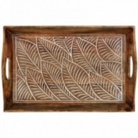 Foliage pattern wooden tray with handles