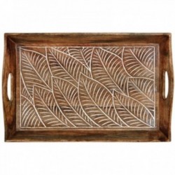 Bandeja de madeira padrão folhagem com alças