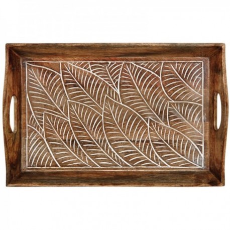 Foliage pattern wooden tray with handles