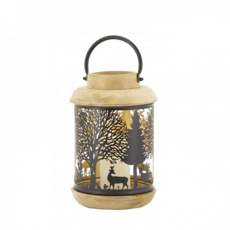 Lantern in wood and metal with deer and forest decor