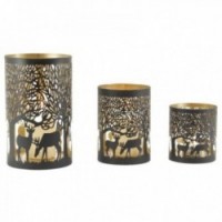 Round metal tealight holders with deer decor Set of 3