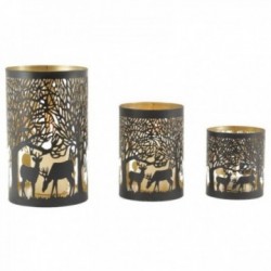 Porta tealight rotondi in metallo con decoro cervo Set di 3