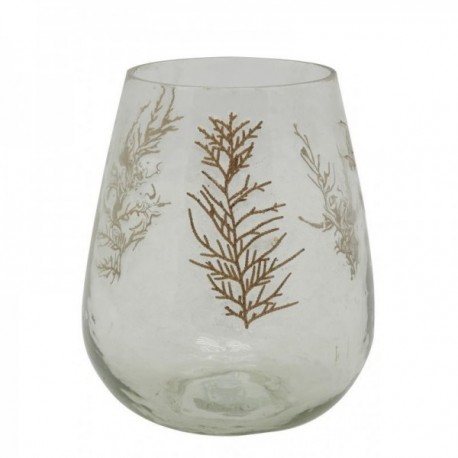 Glass tealight holder with golden fern decor Ø 16 h 18 cm