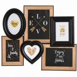 Photo Frame Muro montato Pell 6 foto in legno naturale e nero
