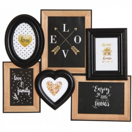 Cadre photo pêle-mêle mural 6 photos en bois naturel et noir