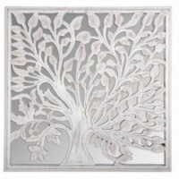 White Wood Square Mirror Wall Decor with Tree of Life