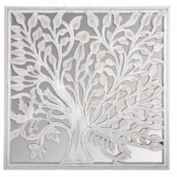 Decoración de pared de espejo cuadrado de madera blanca con árbol de la vida