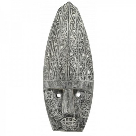 Máscara de pared étnica en madera patinada gris tallada