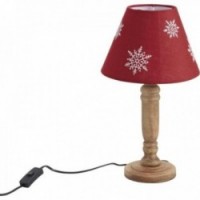 Bedside lamp with wooden base and red lampshade