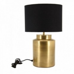 Stuebordlampe i metall med gullaldret messingfinish og rund sort lampeskjerm