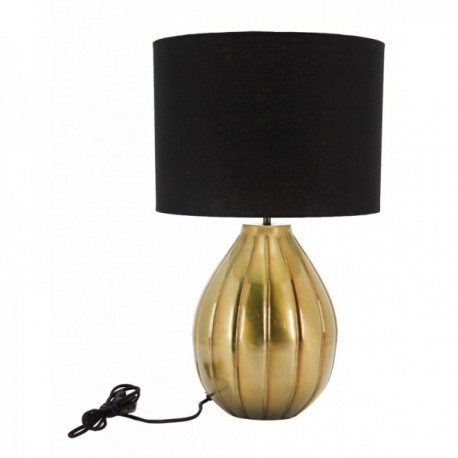 Vardagsbordslampa i metall med guldåldrad mässingsfinish och rund svart lampskärm