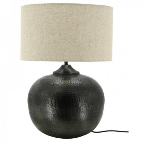 Wohnzimmerlampe aus gehämmertem Metall mit rundem Schirm aus naturfarbener Baumwolle
