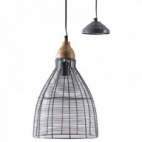 Pendant lamp in gray lacquered metal and wood