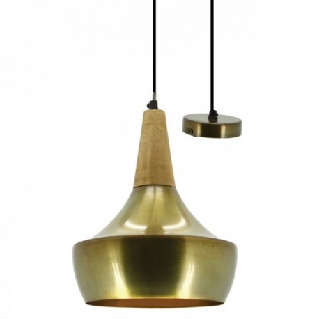 Pendant lamp in gold metal and wood