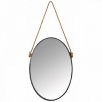 Oval black metal wall mirror with rope