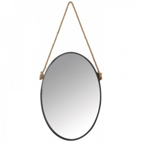 Oval black metal wall mirror with rope