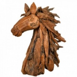 Cabeça de cavalo esculpida em madeira de teca