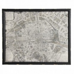 Tableau Mural Plan Carte de Paris Cadre Bois Noir Vieilli : Affiche Ancienne Parisienne Décoration Murale Vintage