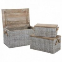 Legno sbiancato e scatole portaoggetti in legno Set di 3