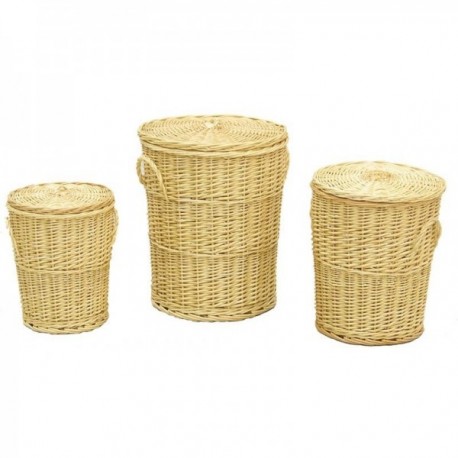 Round white wicker laundry boxes with lids set of 3