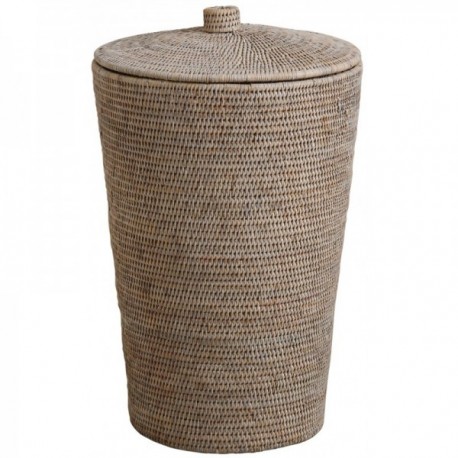 White patinated rattan laundry basket with lid