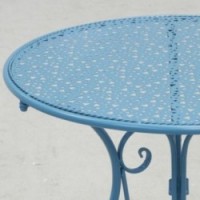 Folding round blue wrought metal garden table