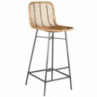 High bar chair in metal and rattan with footrest