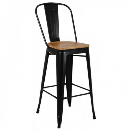 Industrial bar chair in black metal and oiled elm wood