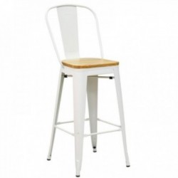 Cadeira alta industrial em metal branco e madeira de olmo oleada