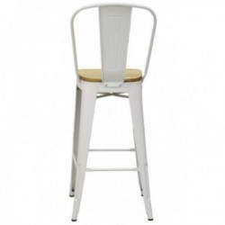 Cadeira alta industrial em metal branco e madeira de olmo oleada
