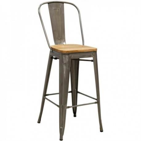 Industrial bar chair in gray metal and oiled elm wood