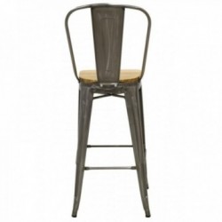 Industrial bar chair in gray metal and oiled elm wood