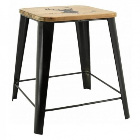 Tabouret en métal noir assise en bois tête de cerf  "L'appel de la forêt"