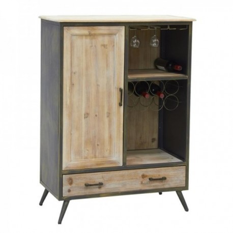 Bar cabinet in wood and metal 1 door, 1 drawer, bottle and glass holders