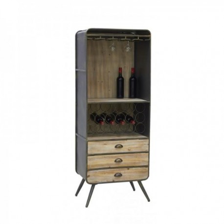 Wooden and metal bar cabinet with 3 drawers, bottle and glass holders