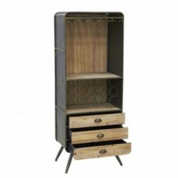 Wooden and metal bar cabinet with 3 drawers, bottle and glass holders