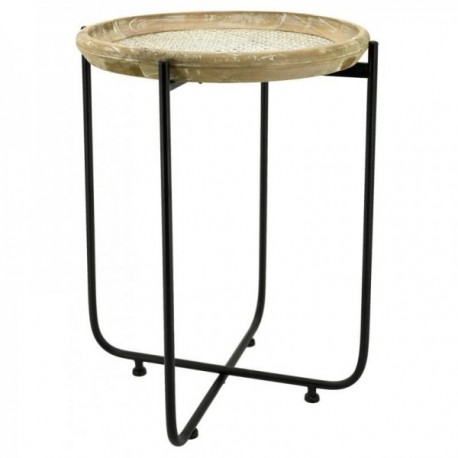 Folding side table in metal, wood and rattan