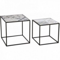 Nesting square metal coffee tables with mosaic decor