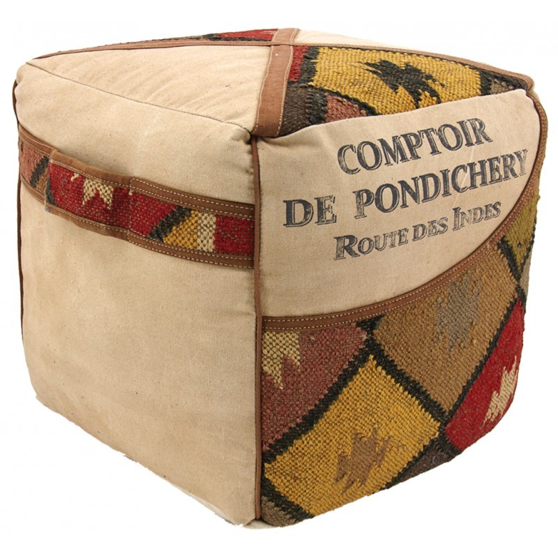 Pouf quadrato in cotone kilim e pelle - Boisnature'l