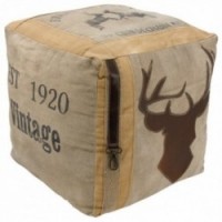 Square cotton and leather pouf Deer