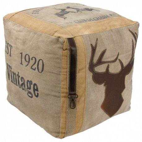 Square cotton and leather pouf Deer
