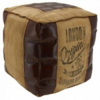 London Cotton and Leather Square Pouf