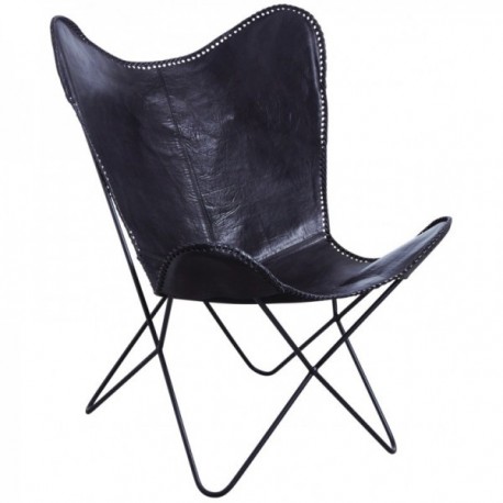 Butterfly armchair in metal and black buffalo leather