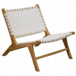 Lav designerlænestol i teaktræ og hvid nylon